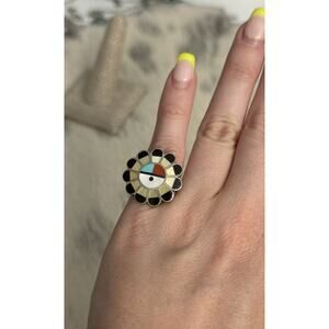 Zuni Vintage Sterling Silver Sunface Sun God Turquoise Coral Mother Pearl Ring~5